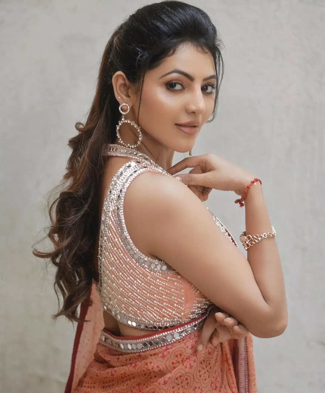 Athulya Ravi Wearing Beautiful Earrings Jewellery Pink Designer Saree Sleeveless Blouse